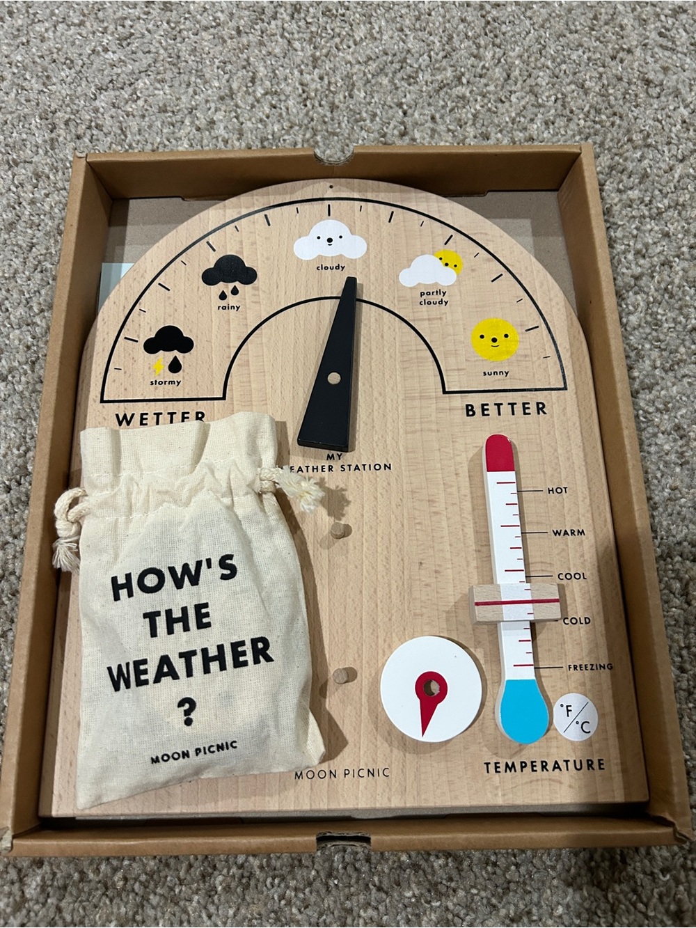 Moon Picnic Weather Station - Natural Wood with Red & Blue Accents